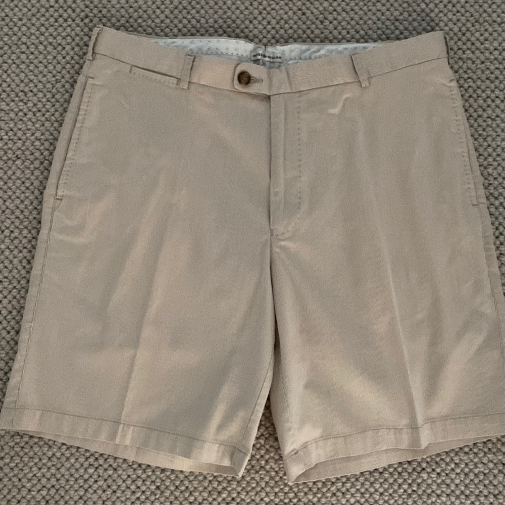 Peter Millar tan white pinstripe golf short.